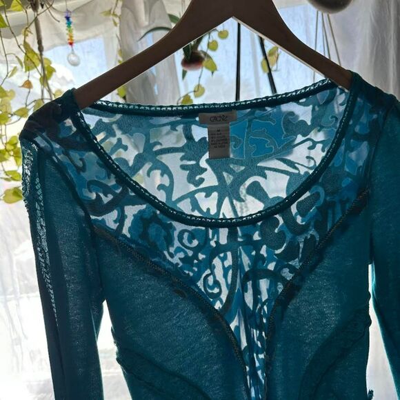 Vtg Cache Silk Cashmere Long Sleeve Shirt Blue Sheer Lace Velvet Blouse Medium - Picture 9 of 9